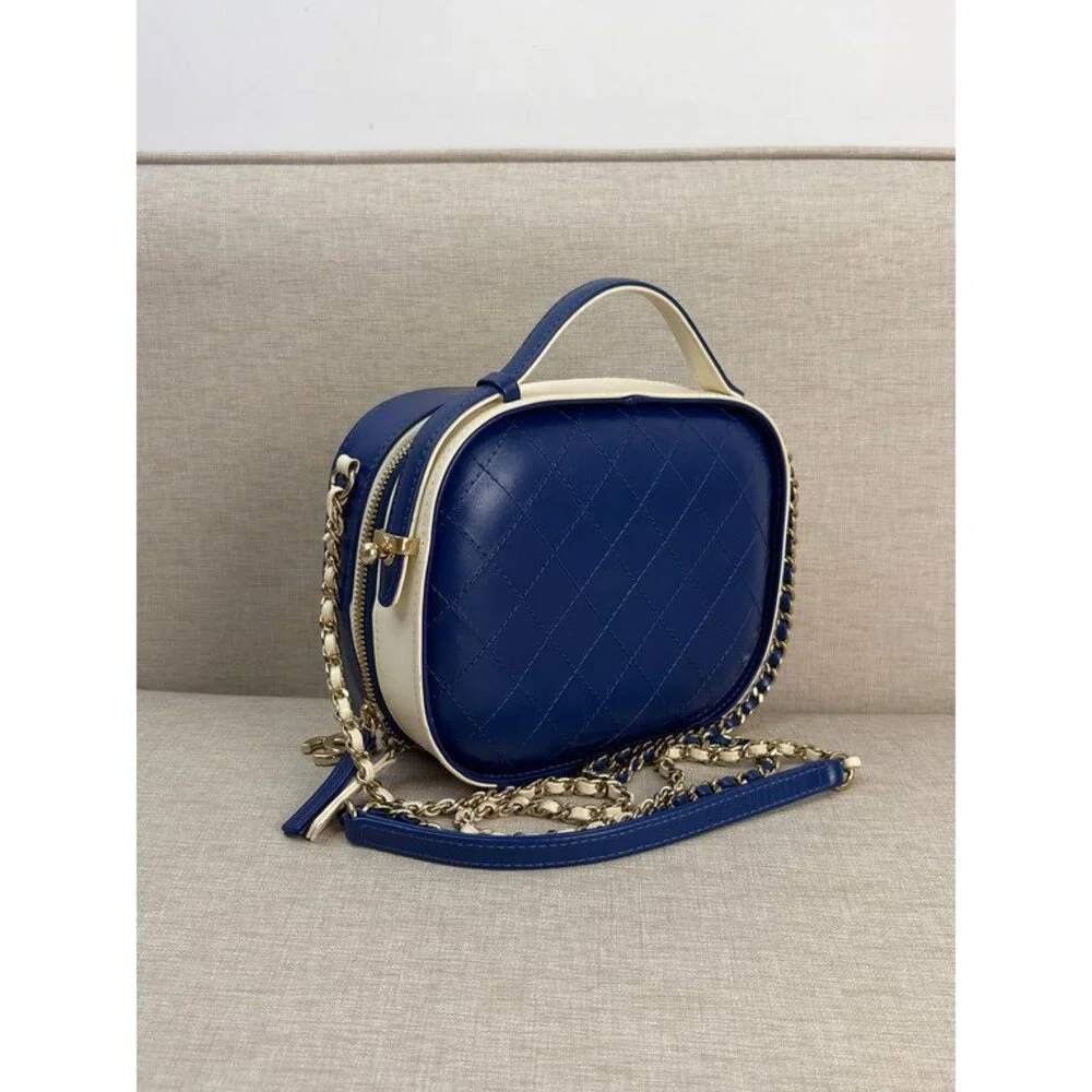 CHANEL Blue and White Lambskin Two Tone Vanity Case Bag SHW